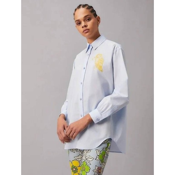 Tory Burch Tops - Tory Burch Button-Up Shirt Womens Size L Blue NWT Owl Embroidery Long Sleeve